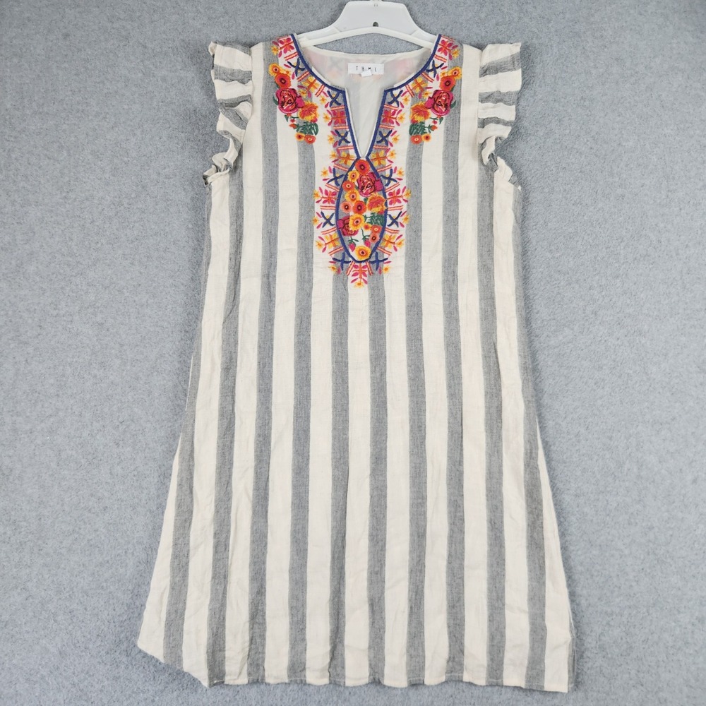THML Shift Dress Womens Medium Gray Beige Striped Floral Embroidered Boho Summer